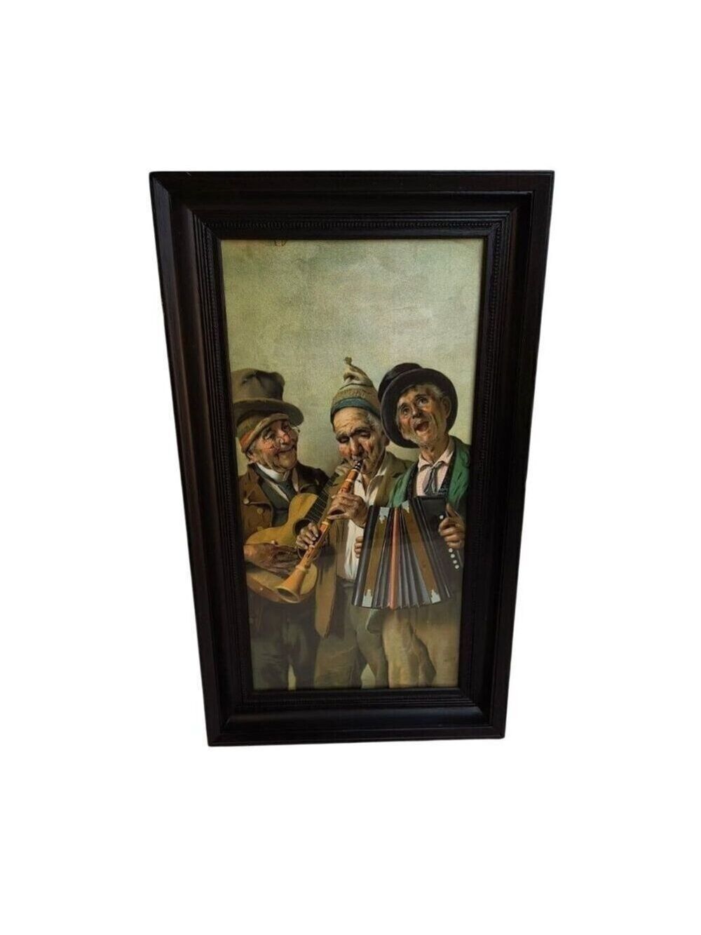 Vintage Framed Print Of Musicians Playing Instruments With Black Wooden Beaded F